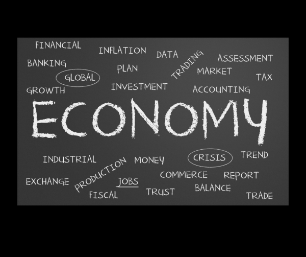 A word bubble diagram dictating the important elements necessary to understand the economy. 